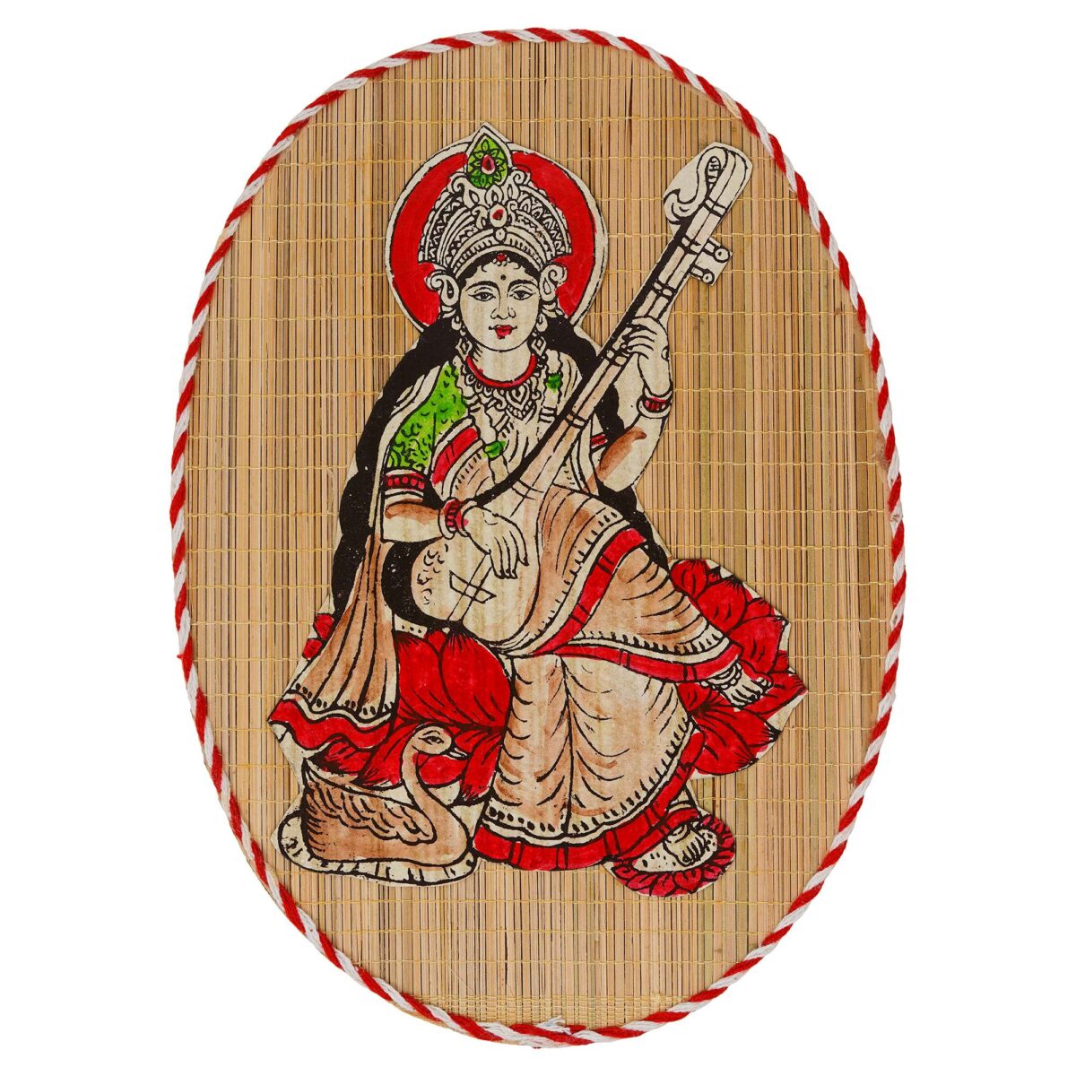 Oval Shaped Design Bamboo Hand Crafted Wall Hangings Of Godess Sarwasti Ji For Home Decor - Image 3