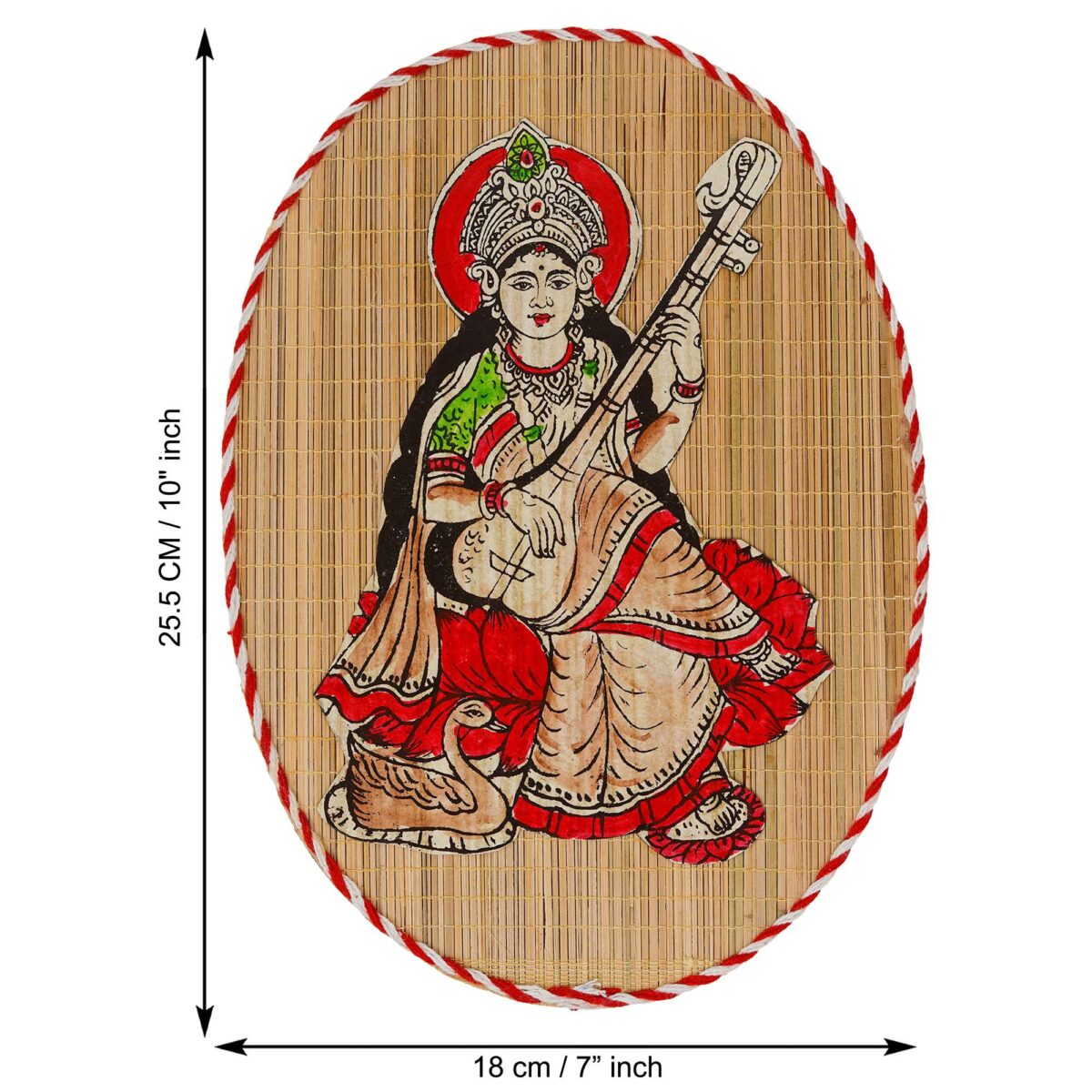 Oval Shaped Design Bamboo Hand Crafted Wall Hangings Of Godess Sarwasti Ji For Home Decor - Image 4